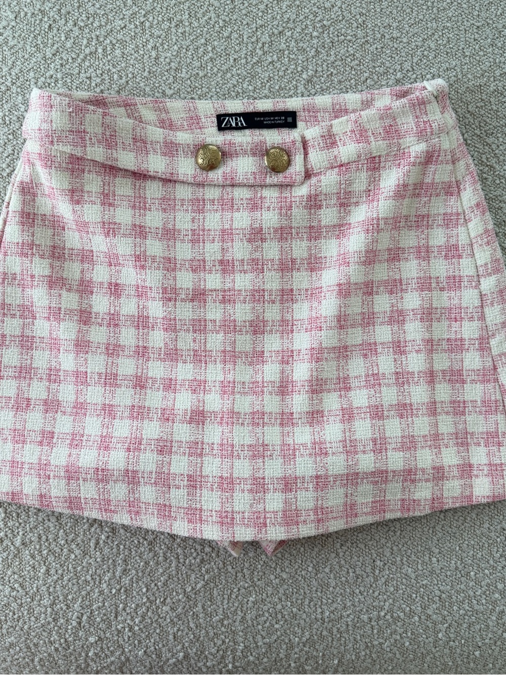 ZARA Pink & Cream Gingham Tweed Mini Skirt with Gold Buttons - Medium